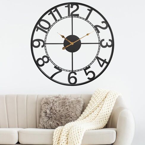 24 Inch Large Black Metal Wall Clock for Living Room Decor, Silent Non Ticking Analog Wall Clock Battery Operated, Modern Metal Wall Clock for Bedroom, Kitchen, Office - Arabic Numerals in Saudi Arabia