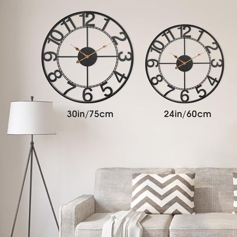 24 Inch Large Black Metal Wall Clock for Living Room Decor, Silent Non Ticking Analog Wall Clock Battery Operated, Modern Metal Wall Clock for Bedroom, Kitchen, Office - Arabic Numerals in Saudi Arabia