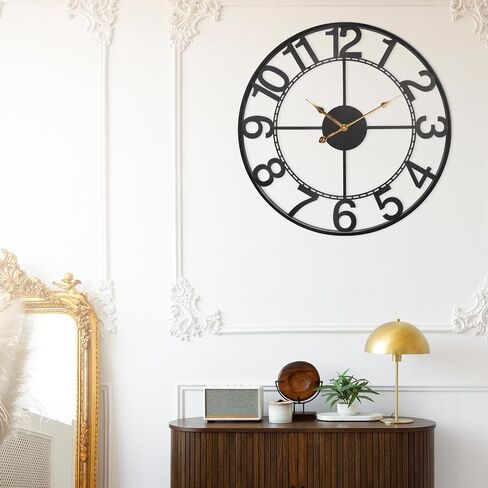 24 Inch Large Black Metal Wall Clock for Living Room Decor, Silent Non Ticking Analog Wall Clock Battery Operated, Modern Metal Wall Clock for Bedroom, Kitchen, Office - Arabic Numerals in Saudi Arabia