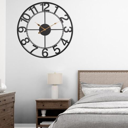 24 Inch Large Black Metal Wall Clock for Living Room Decor, Silent Non Ticking Analog Wall Clock Battery Operated, Modern Metal Wall Clock for Bedroom, Kitchen, Office - Arabic Numerals in Saudi Arabia
