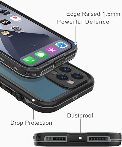 حافظة مقاومة للماء بتصميم لهاتف iPhone 12 Pro Max مقاس 6.7 بوصات، حافظة مقاومة للصدمات لكامل الجسم لهاتف iPhone 12 Pro Max مع واقي شاشة، غطاء هاتف مقاوم للغبار لهاتف iPhone 12 Pro Max (أسود) in Saudi Arabia