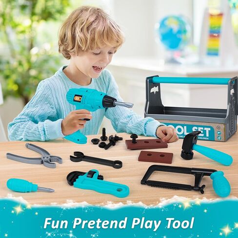 مجموعة أدوات الأطفال - أداة لعبة التظاهر مع صندوق الأدوات، ملحقات أداة حفر لعبة الأطفال الصغار هدية للأطفال الصغار الأولاد الذين تتراوح أعمارهم بين 3 4 5 6 7 in Kuwait