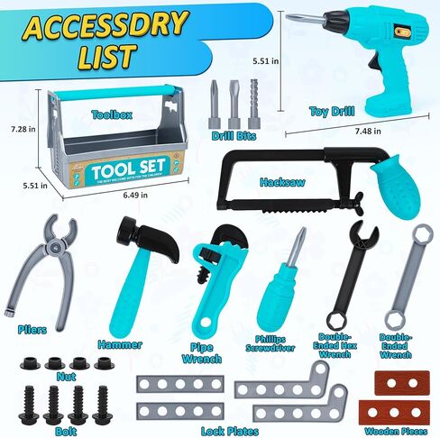 مجموعة أدوات الأطفال - أداة لعبة التظاهر مع صندوق الأدوات، ملحقات أداة حفر لعبة الأطفال الصغار هدية للأطفال الصغار الأولاد الذين تتراوح أعمارهم بين 3 4 5 6 7 in Kuwait