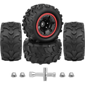 4PCS AllinRC Pre-Glued 1/10 RC Monster Truck Tires & 12mm Hex Wheels for Brushless Traxxas Stampede Rustler VXL Redcat Blackout Volcano Arrma Tekno HSP HPI Savage XS All-Terrain Tires (Type A)