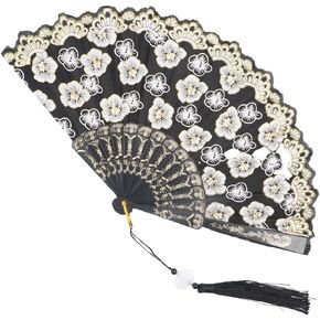 Vintage Lace Folding Fan Glitter Floral Pattern Hand Held Fans Luxury Spanish Style Fabric Folding Fan Dancing Party Hand Fans Photo Props Decoration
