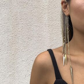Gothic Retro Long Chain Tassel Ear Cuff Wrap 1pcs Non-Piercing Cone Bar Pendant Drop Dangle Cartilage Ear Wrap Punk Statement Jewelry for Women Girls