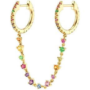 Rainbow CZ Double Piercings Two Holes Small Hoop Cuff Cartilage Hypoallergenic Earrings for Women Girls 925 Sterling Silver Post Colourful Cubic Zirconia Chain Threader Dangle Drop 14k Gold Plated