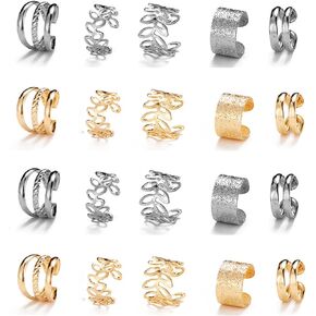 20 PCS Vintage Metal Ear Cuffs Earrings For Women Men Ear Clip On Wrap Fake Earrings Cartilage Pretty Ear Cartilage Clip with Fashionable Styles (Gold/Silver)
