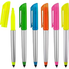 Stylus Ballpoint Pen with Highlighter Tips, 3 in 1 Combo Stylus for Touchscreens, Highlighter and Writing Pen, Bright Highlighter Colors, Black Ballpoint Ink, Pack of 5