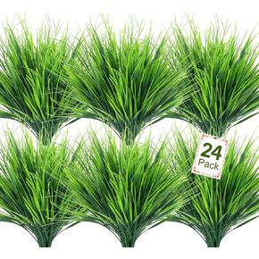 Ouddy Decor 24 Bundles Artificial Plants Outdoor Fake Wheat Grass Flowers Artificial Greenery Stems Faux Plastic Plants Shrubs UV Resistant for Patio Garden Porch Home Window Box Decor (Green)