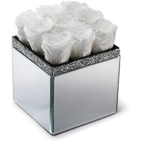 SOHO FLORAL ARTS | Large Mirrored Vase Pave Accent | Genuine Roses that Last for Years | Forever Roses in a Box (9ct. White) | Mothers Day Gifts