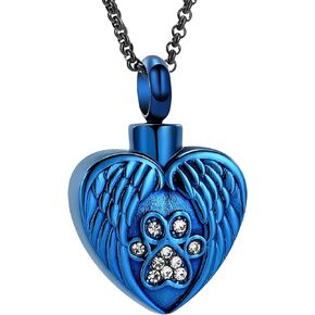 Heart Paw Print Urn Necklace for Ashes for Dog Cremation Jewelry Angel Wing Heart Urn Locket Pendant for Dog/Cat