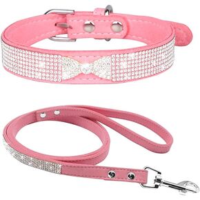 Dogs Kingdom Bling Rhinestone Dog Collar Leash Set with Glitter Bow Jewelry Soft Suede Sparkly Crytal Collar Leash Set for Pet Dogs Cats Adjustable,Pink,XXS:6-8.3" Neck