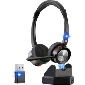 Wireless Bluetooth Headset with Microphone AI Noise Cancelling for Computer/PC/Laptop/Cellphone, Bluetooth Headphone with Mic Mute & Charging Base for Home Office/Call Center/Teams/Zoom, etc