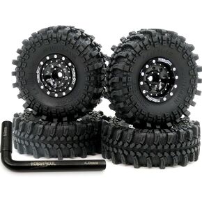 HOBBYSOUL RC 1.0 Mud Terrain Tires Tyres 61mm Tall & Adjustable Offset 1.0 beadlock wheels Deep Dish Rims Black For RC Mud Crawler 1/18 TRX4M 1/24 SCX24 FMS24 FCX24 Upgrades