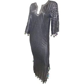 1Pcs Egyptian Belly Dance Nancy Stretchy Folkloric Dancing Outfit Galabeya Oriental Abaya Dress Costume Costumes Baladi Saidi Fallahi Sexy Carnival Sequins Handmade Bellydance Women (Black x Silver)