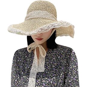 Ladies Wide Brim Straw Hat Floppy Foldable Sun Hat UPF 50+ Beach Hat with Lace Trim for Travel Camping Outdoors