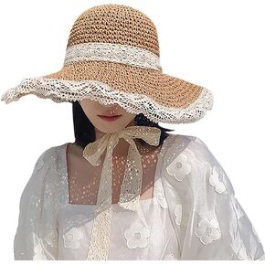 Ladies Wide Brim Straw Hat Floppy Foldable Sun Hat UPF 50+ Beach Hat with Lace Trim for Travel Camping Outdoors