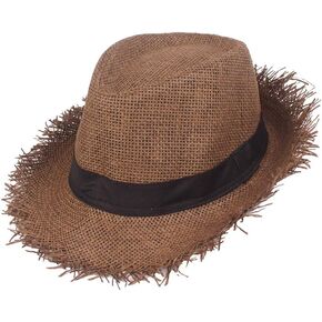 Fringed Straw Fedora Hat for Women Men Short Brim Roll Up Trilby Panama Hat UPF 50+ Summer Beach Straw Sun Hat Retro Jazz Hat
