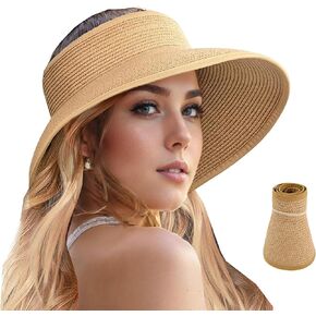 SAISI Straw Sun Visor Hats for Women, Women's Packable Wide Brim Beach Sun Hats Adjustable Sunhat Travel Foldable Summer UV Protection Brown