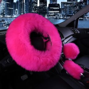 Car Steering Wheel Cover Gear Shift Handbrake Fuzzy Cover 1 Set 3 Pcs Multi-Colored with Winter Warm Pure Wool Fashion for Girl Women Ladies Universal Fit Most Car(Rose red)