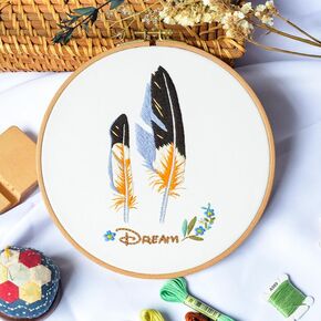 Stamped Embroidery Starters Kits with Pattern for Beginners Feather Dream with Hoops Cloth Color Threads DIY Cross Stitch Kits Needlework for Adults Students Home Decoration
