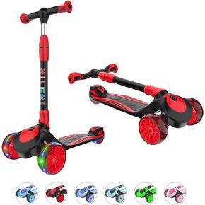 Allek F01 Folding Kick Scooter for Kids, 3-Wheel LED Flashing Glider Push Scooter with Height Adjustable and Foldable Handlebar, Dual Color Anti-Slip Wide Deck for Boys Girls 3-12