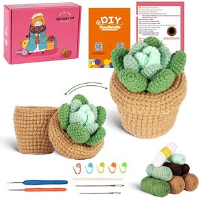 Finnacy Crochet Kit for Beginners Adults,Potted Succulent Plant Crochet Storage Box, All You Need in, Include Crochet Yarns, Hook, Step-by-Step Video, Instruction and Crochet Accessories