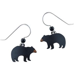 Hand Painted Black Bear Dangle Earrings, Sterling Silver Ear Wires