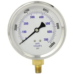 PIC Gauges 201L-404G Bottom Mount Glycerine Filled Pressure Gauge w/ SS Case, Brass Internals, SS Bezel, PC Lens, 4" Dial, 0/200 psi Range, 1/4" Male NPT