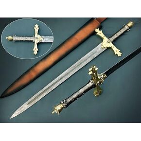 HUNTEX Exclusive Legendary Damascus Steel Medieval Crusader Excalibur Gold Replica Sword 37 Inch Long, Razor Sharp with Genuine Leather Scabbard