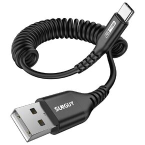 SUNGUY Coiled USB C Cable, 3FT Retractable USB-C Cable for Car, USB to USB C Android Auto Cable Fast Charge, for iPhone 15/15Pro/15Pro Max, for Galaxy S23 S22 S20, Note 10 9 and More (Black)