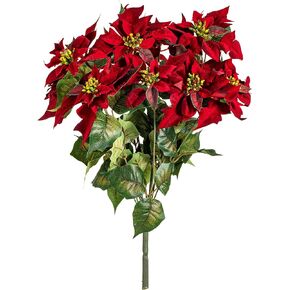 Vickerman 18" Red Poinsettia and Leaf Bush - Lifelike Blooms - Faux Flower Arrangement - Indoor - Decorative Poinsetta with Realistic Leaves - Artificial Flower Bush