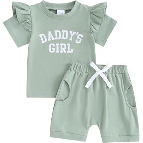 مجموعة Daddys Girl للفتيات الصغيرات الصغار بأكمام مكشكشة وأحرف مطبوعة تي شيرت علوي شورت قطعتين ملابس صيفية