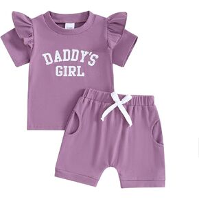 مجموعة Daddys Girl للفتيات الصغيرات الصغار بأكمام مكشكشة وأحرف مطبوعة تي شيرت علوي شورت قطعتين ملابس صيفية