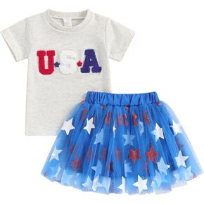 4th Of July Toddler Baby Girl Outfit USA Short Sleeve T-Shirt Star Tulle Tutu Skirt Dress Fourth Of July Clothes