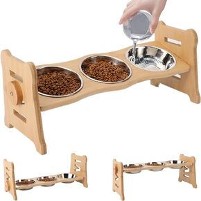 Cat Bowls Elevated Cat Bowls, Adjustable Heights Raised Dog Bowl, 15° Tilt Neck Guard Bamboo CAT Bowl Stand with 3 Stainless Steel Bowls for Small and Medium Dogs and Cats（PDS-2）