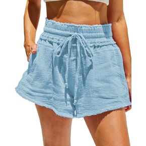 Paintcolors المرأة السراويل الصيف عادية عالية مرونة الخصر رباط قطن مطوي كشكش فلوي شورتات للبحر مع جيوب in Kuwait