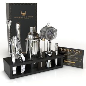 طقم نادل Highball & Chaser مع حامل إسبرسو من الخيزران. مجموعة هزازة الكوكتيل الإسكافي الجميلة مع أدوات البار المصنوعة من الفولاذ المقاوم للصدأ المقاوم للصدأ (ذهبي غير لامع)