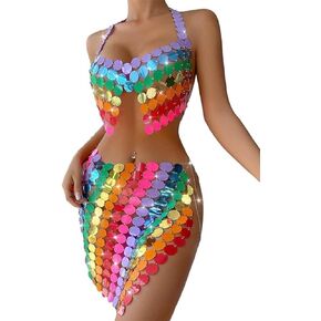 Nicute Rainbow Chain Skirt and Top Set Dot Sequin Body Chain Bra Sparkly Blackless Crop Top Short Skirt for Rave Party Club
