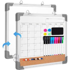 Monthly Calendar White Board Dry Erase Cork Board Combination for Wall, 17''x13'' Double-Sided Magnetic Dry Erase Board, Portable Calendar Bulletin Board for Office, Kitchen, School, Home