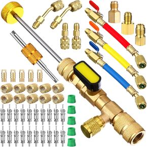 52 Pcs Charging Hoses and R410a Adapter Kit, R134a R410a R22 R12 Hoses with Valve, Valve Core Remover Installer Tool R410a Split Adapter Tank Adapter with Valve Core Brass Nut Thimble
