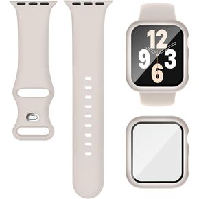 Compatible for Apple Watch Band 40mm 41mm 44mm 45mm and Case with Screen Protector, Soft Silicone Sport Strap Bands and Protective Cover with Tempered Glass for iWatch Series 9 8 7 SE 6 5 4
