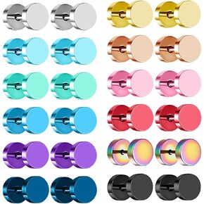 NEWITIN 12 Pairs Dot Stud Earrings for Men Faux Gauges Earrings Hypoallergenic Earrings Ear Tunnel Surgical Steel Earrings Screw Flat Back Earrings Round Ear Studs for Women Men 8mm