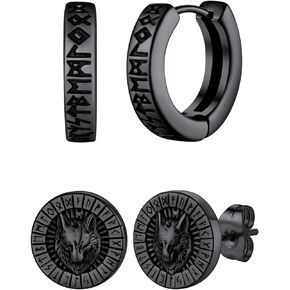 FaithHeart Viking Runes Hoop Earrings and Wolf Stud Earrings for Men