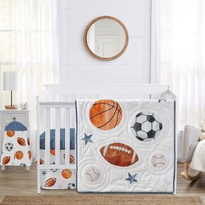 Sweet Jojo Designs Sports Theme Boy Baby Crib Bedding Set Infant Nursery Room Blanket Fitted Sheet Skirt Diaper Stacker 4pc Watercolor Vintage Sport Soccer Balls Football Baseball Basketball Blue Star