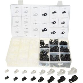 Swordfish 70350 - White and Black Color Nylon R Type Cable Clamp Assortment, 460 Pieces, Size from 1/8" to 3/4"