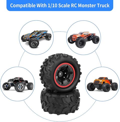 4PCS AllinRC Pre-Glued 1/10 RC Monster Truck Tires & 12mm Hex Wheels for Brushless Traxxas Stampede Rustler VXL Redcat Blackout Volcano Arrma Tekno HSP HPI Savage XS All-Terrain Tires (Type A) in Saudi Arabia