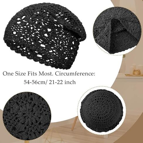 4 Pcs Crochet Slouchy Beanie Hat Fall Handmade Knit Floral Skull Cap Cotton Cutout Summer Hats for Women Lightweight Knitted (Black, Beige, Wine Red, Khaki) in Saudi Arabia