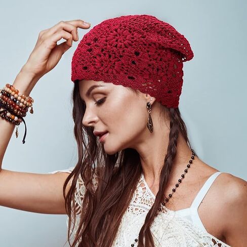 4 Pcs Crochet Slouchy Beanie Hat Fall Handmade Knit Floral Skull Cap Cotton Cutout Summer Hats for Women Lightweight Knitted (Black, Beige, Wine Red, Khaki) in Saudi Arabia